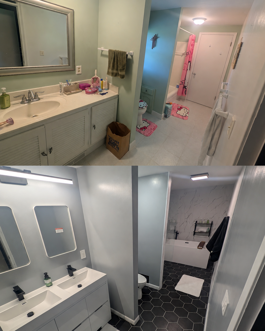 Bathroom before and after transformation with new vanity, tile shower and hex floor