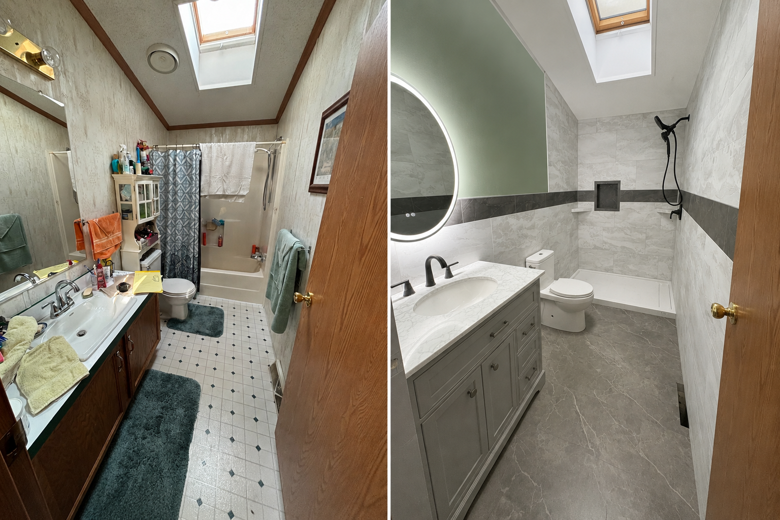 Bathroom before and after with new tile, vanity, and walk-in shower